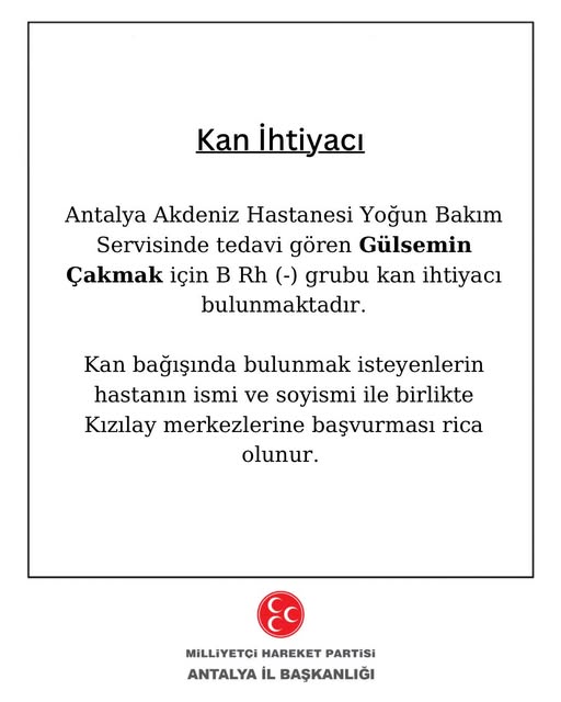 Antalya'da Yoğun Bakımdaki Hastaya Acil Kan Bağışı Çağrısı
