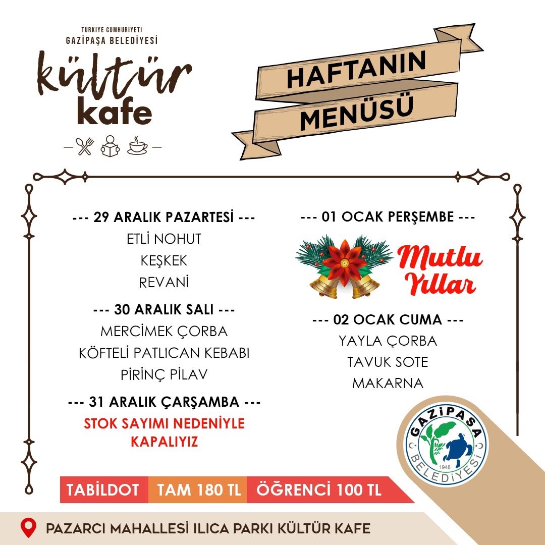 Gazipaşa Belediyesi Kültür Kafe'de Haftalık Menü Lezzetleri