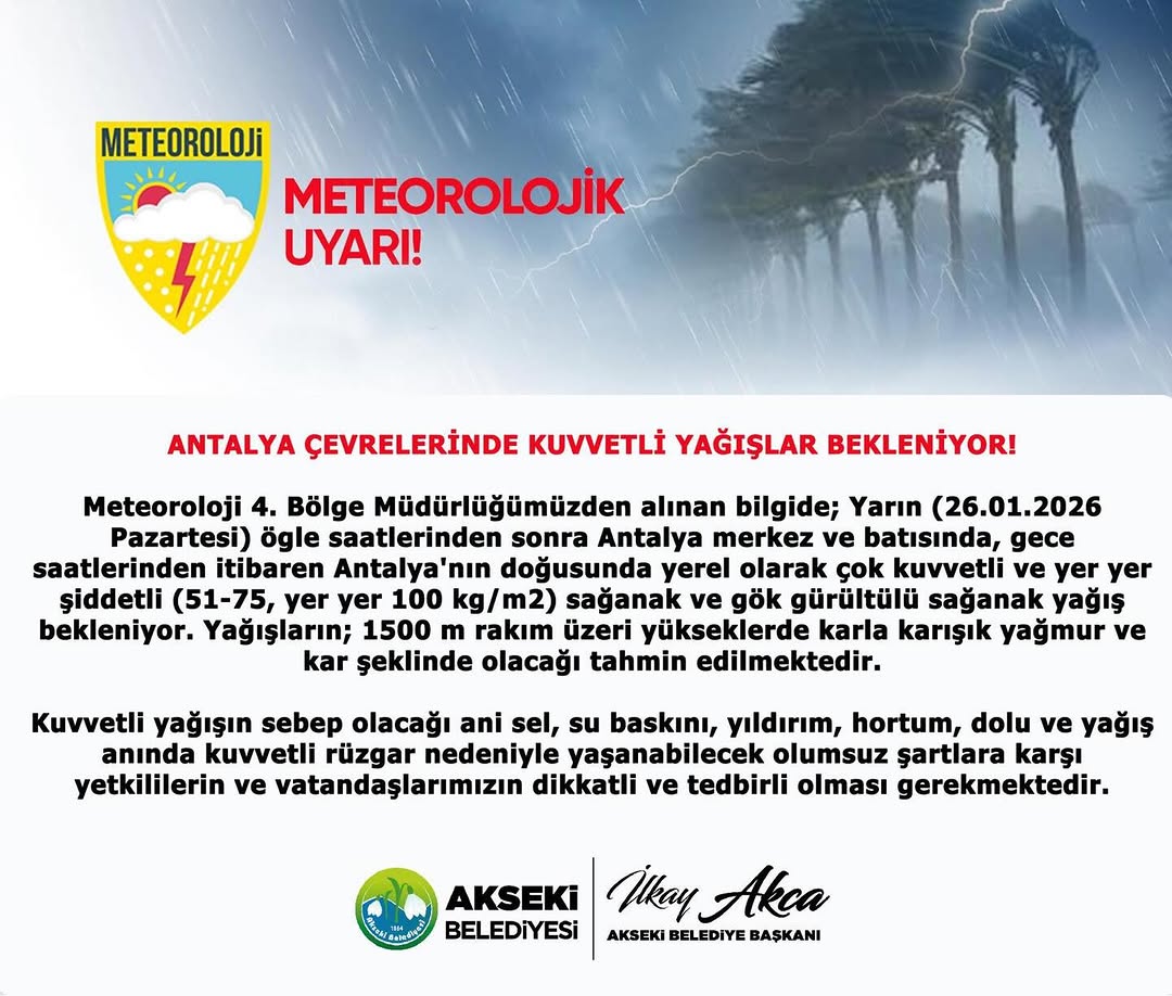 Akseki'de Kuvvetli Yağış ve Fırtınaya Karşı Vatandaşlar Uyarıldı