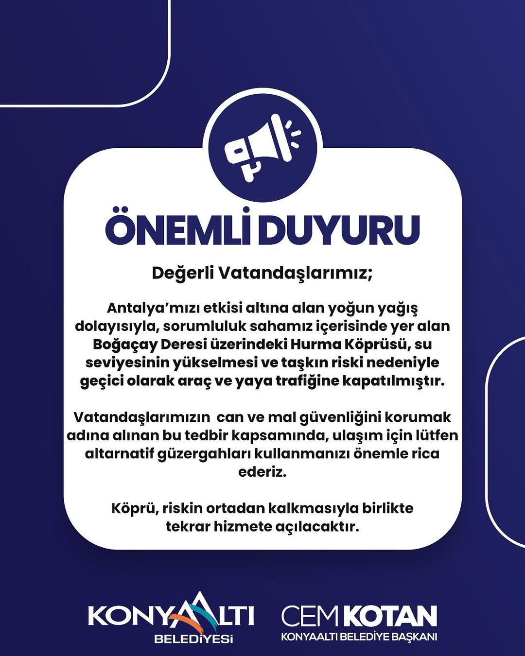 Antalya'da Yoğun Yağış: Hurma Köprüsü Trafiğe Kapatıldı