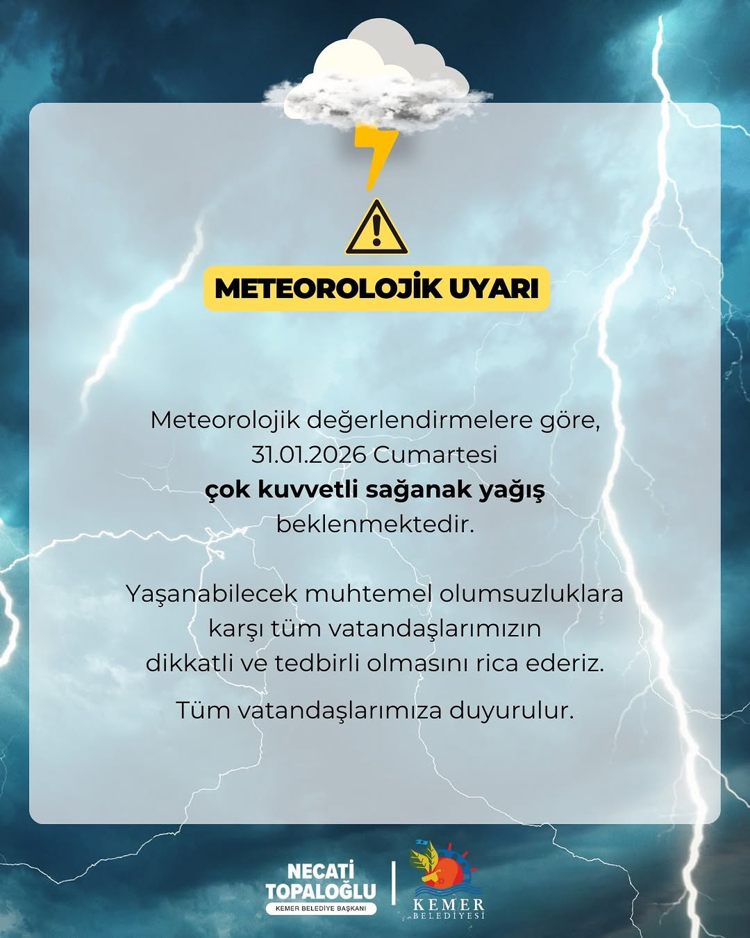Antalya Kemer'de Cumartesi Gününe Kuvvetli Sağanak Yağış Uyarısı