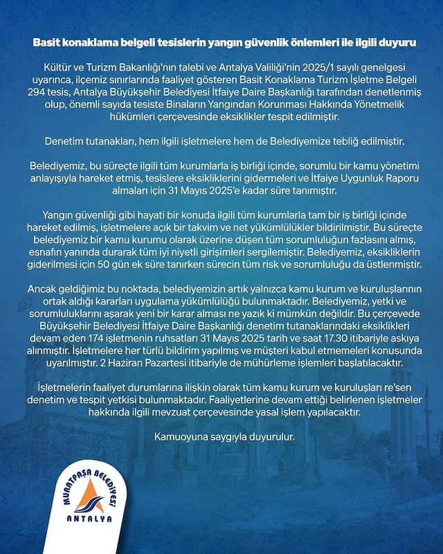 Antalya'da Basit Konaklama Tesislerinin Ruhsatları Askıya Alındı