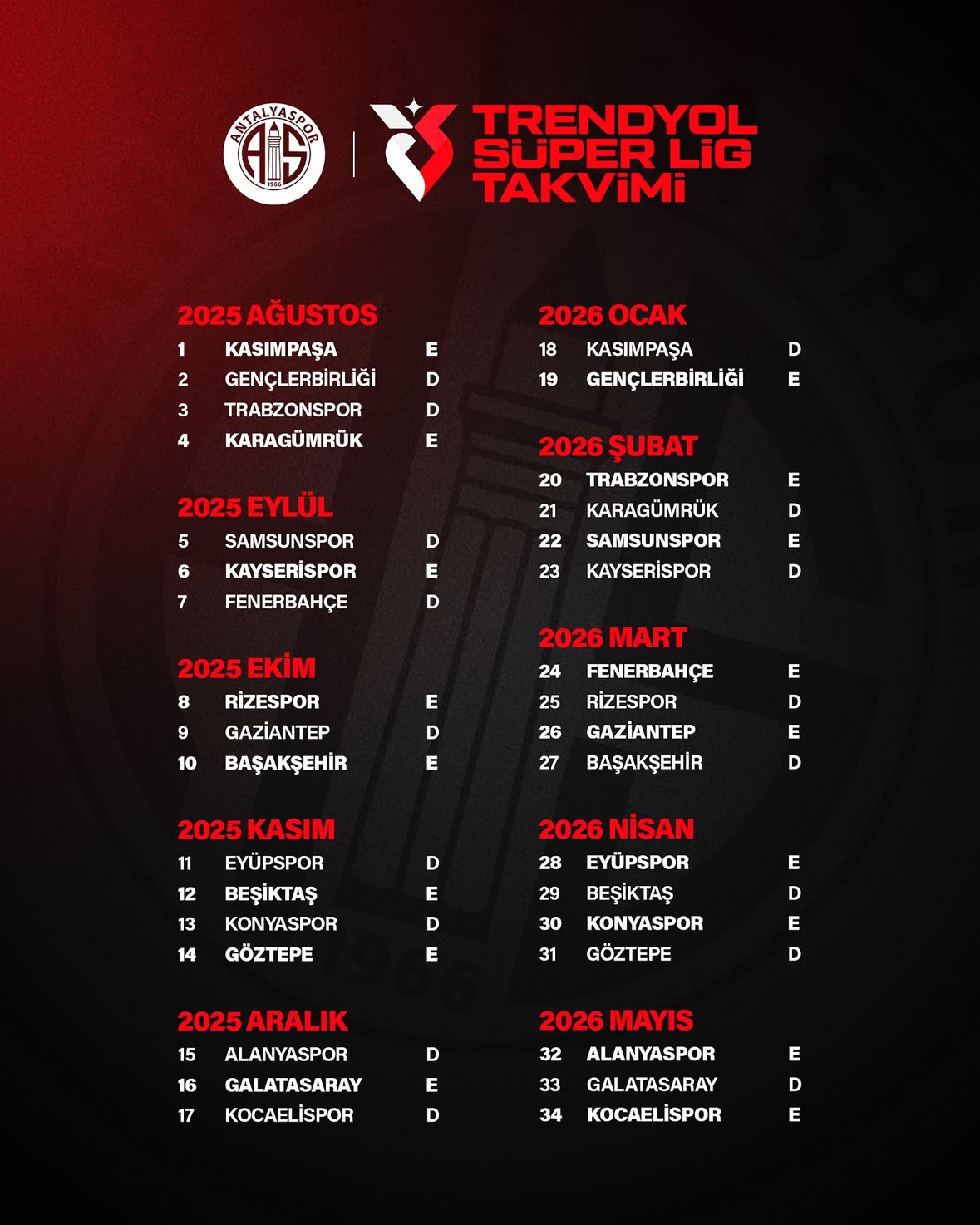 Antalyaspor'un 2025-2026 Sezonu Trendyol Süper Lig Takvimi Belli Oldu