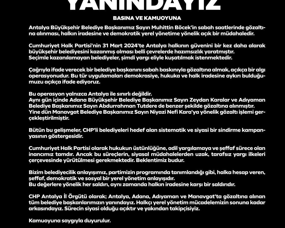 CHP'li Belediyelere Operasyon: Antalya, Adana, Adıyaman ve Manavgat'ta Belediye Başkanları Gözaltına Alındı