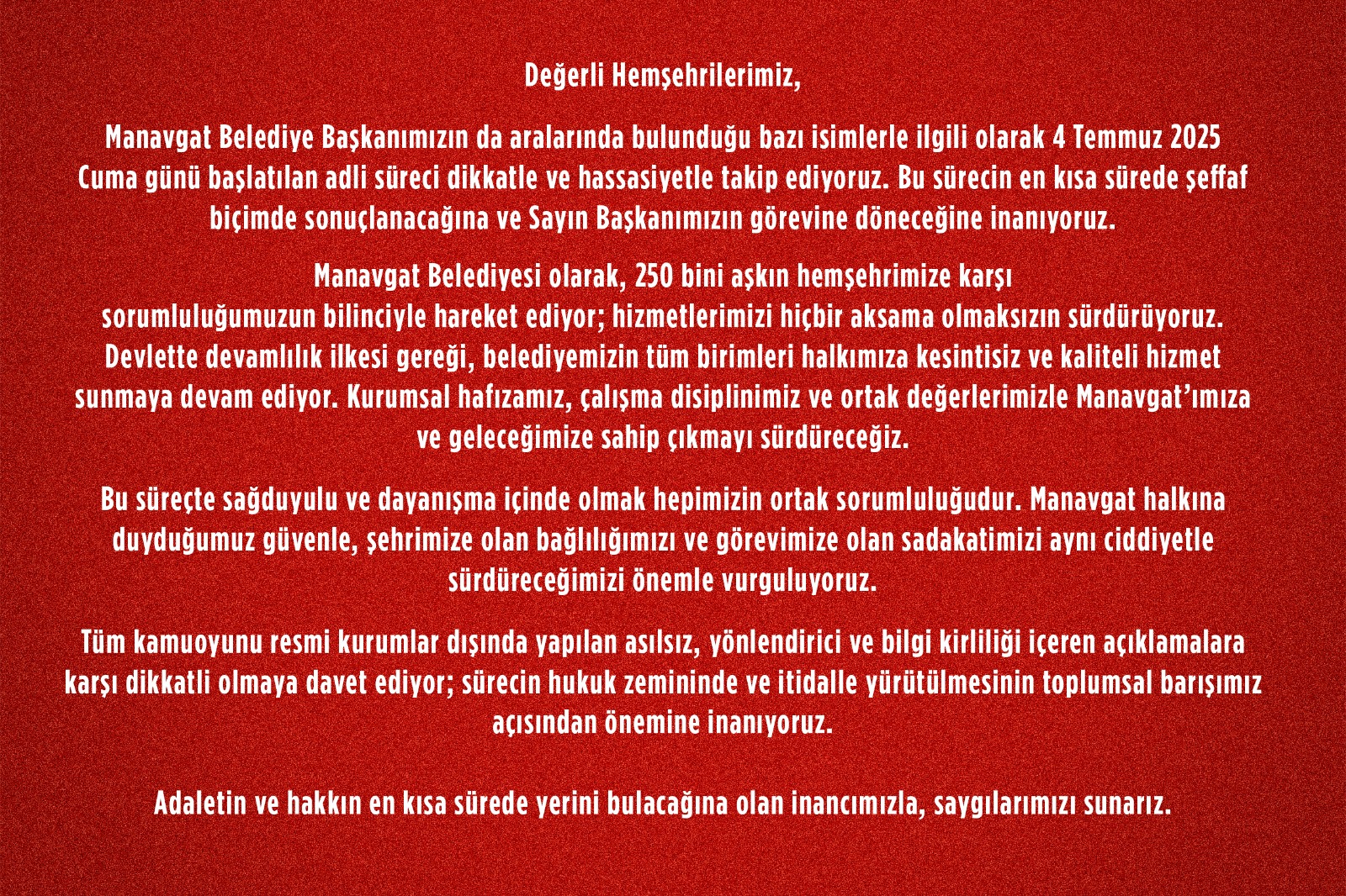 Manavgat Belediyesi Adli Süreci Takip Ediyor: Hizmetler Kesintisiz Devam Ediyor