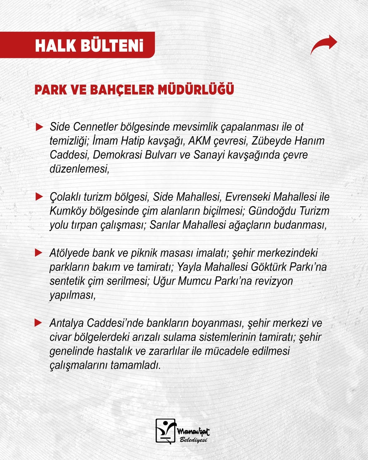Manavgat Belediyesi Park ve Bahçeler Müdürlüğü Çalışmaları Sürdürüyor