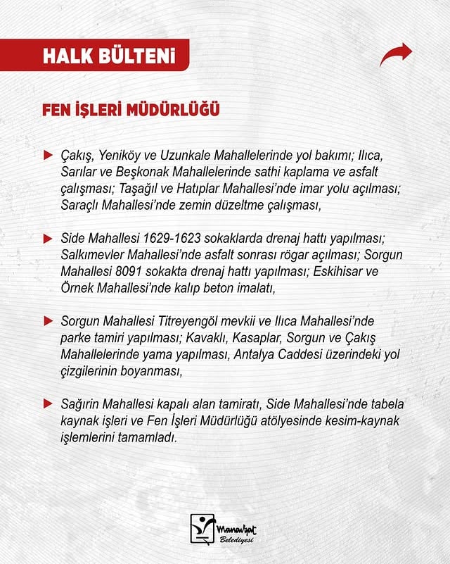 Antalya Manavgat Belediyesi Fen İşleri Müdürlüğü Çalışmaları Hakkında Halk Bülteni