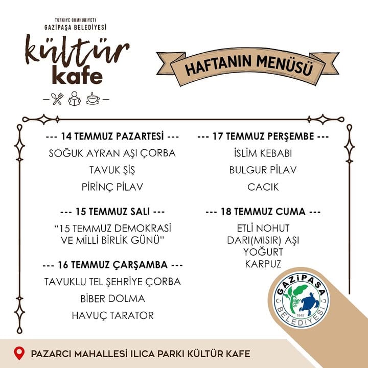 Gazipaşa Belediyesi Kültür Kafesi Haftanın Menüsünü Duyurdu