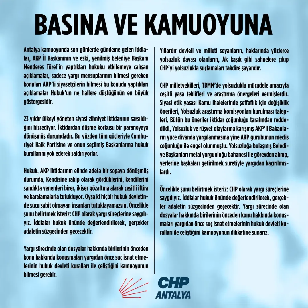 CHP Antalya İl Başkanlığı'ndan Yargı Süreçleri Açıklaması