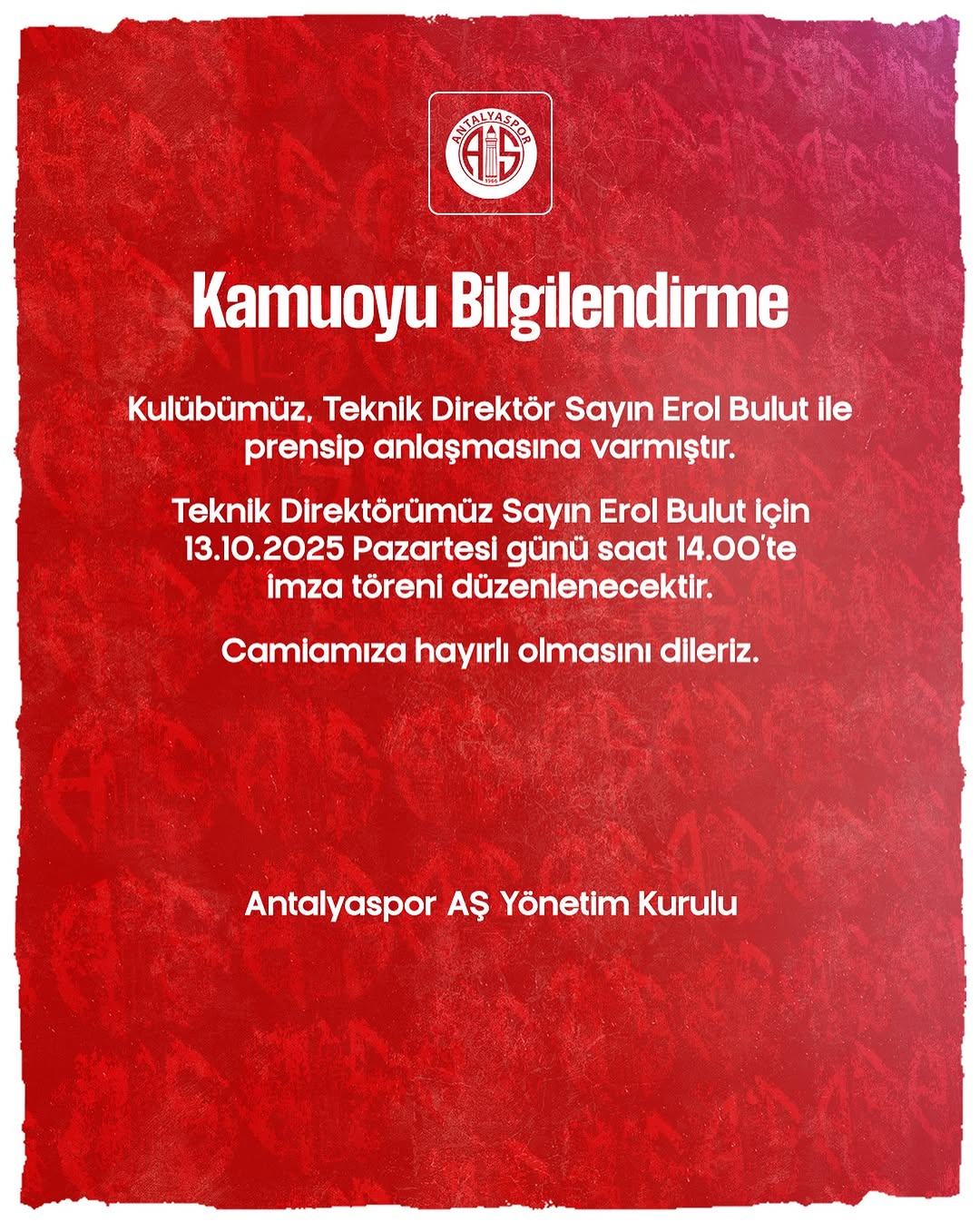 Antalyaspor, Teknik Direktör Erol Bulut ile Anlaştı