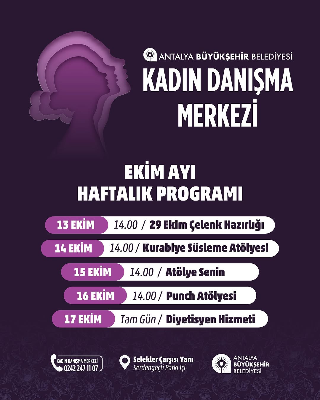 Antalya Büyükşehir Belediyesi Kadın Danışma Merkezi'nin Ekim Ayı Etkinlik Programı Açıklandı