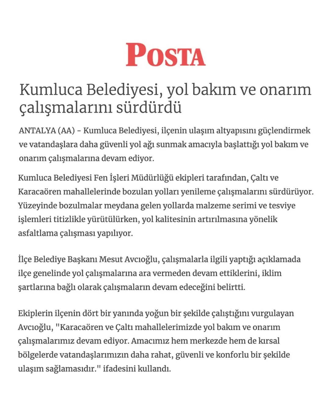 Antalya Kumluca'da Mahalle Yolları Bakım ve Onarım Çalışmaları Tamamlandı