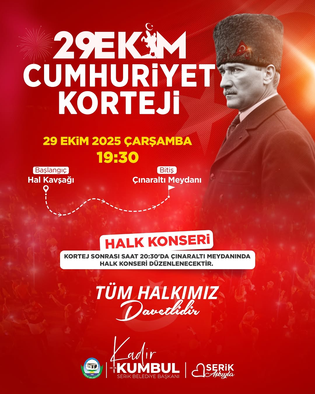 Serik Belediyesi'nden 29 Ekim Cumhuriyet Bayramı Korteji ve Halk Konseri