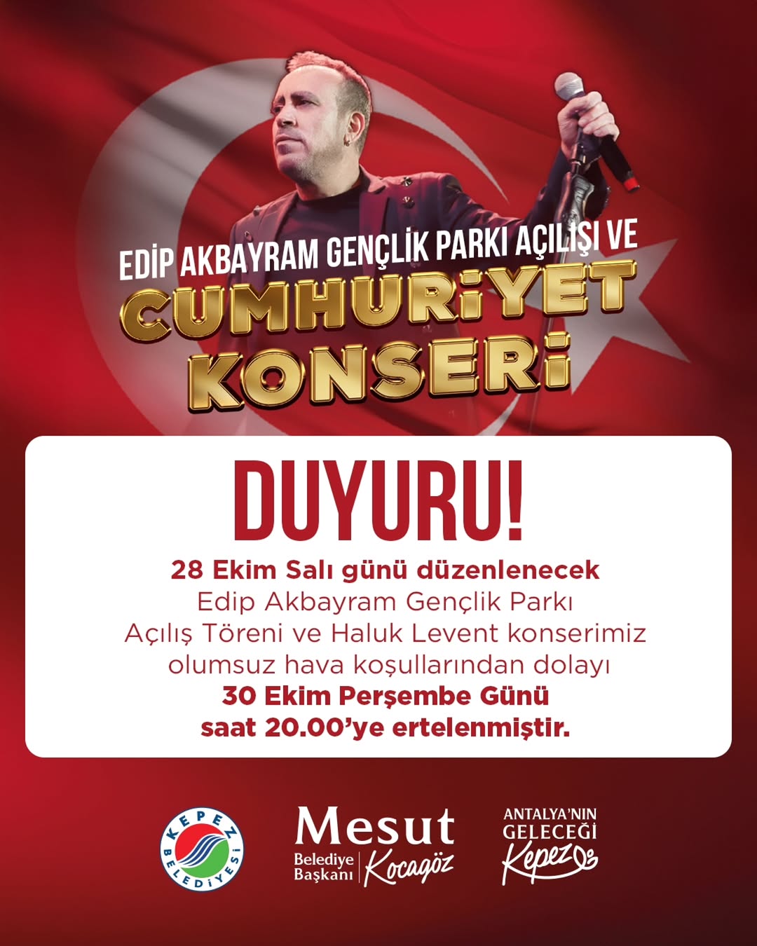 Antalya'da Edip Akbayram Gençlik Parkı Açılışı ve Haluk Levent Konseri Tarih Değişikliği