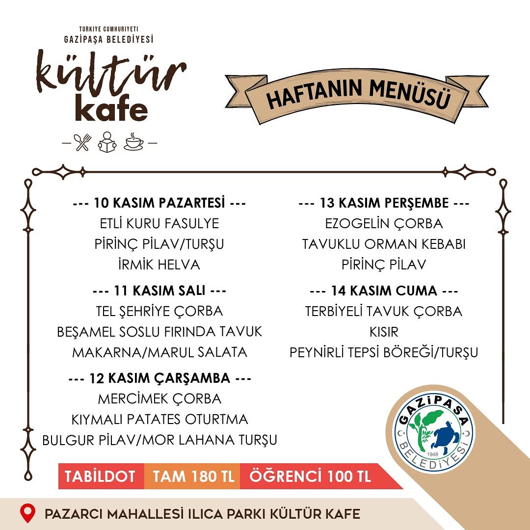 Gazipaşa Belediyesi Kültür Kafe'de Haftalık Menü Lezzetleri