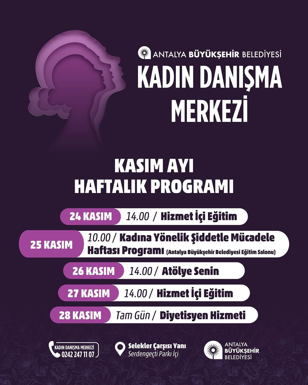 Antalya'da Kadın Danışma Merkezi'nin Haftalık Programı Açıklandı
