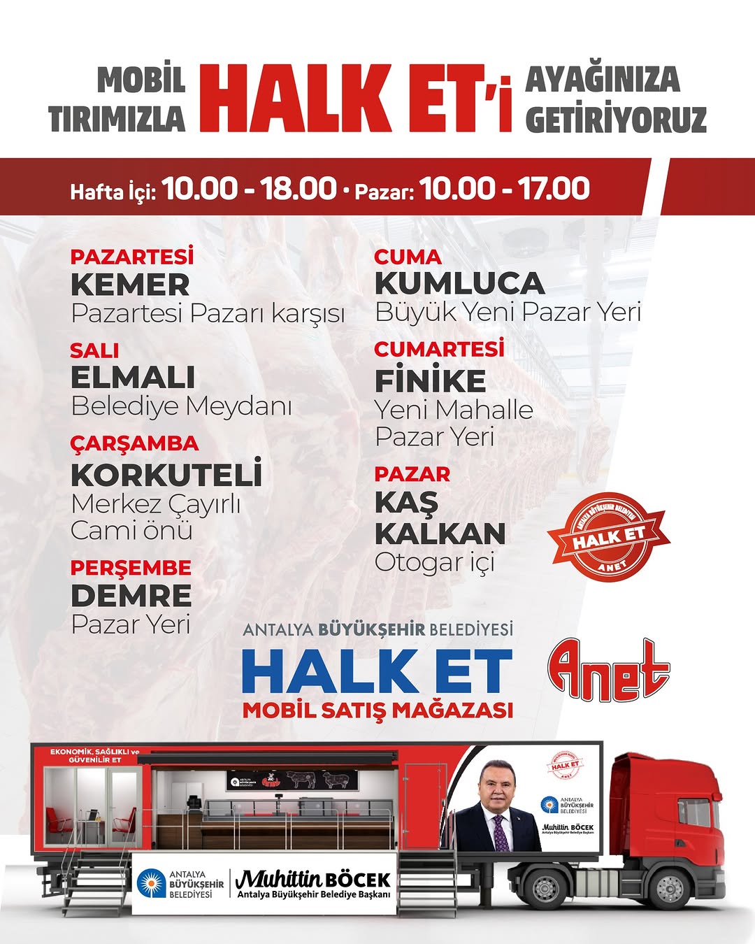 Antalya Büyükşehir Belediyesi Halk Et Mobil Mağazaları ile Hizmete Devam Ediyor