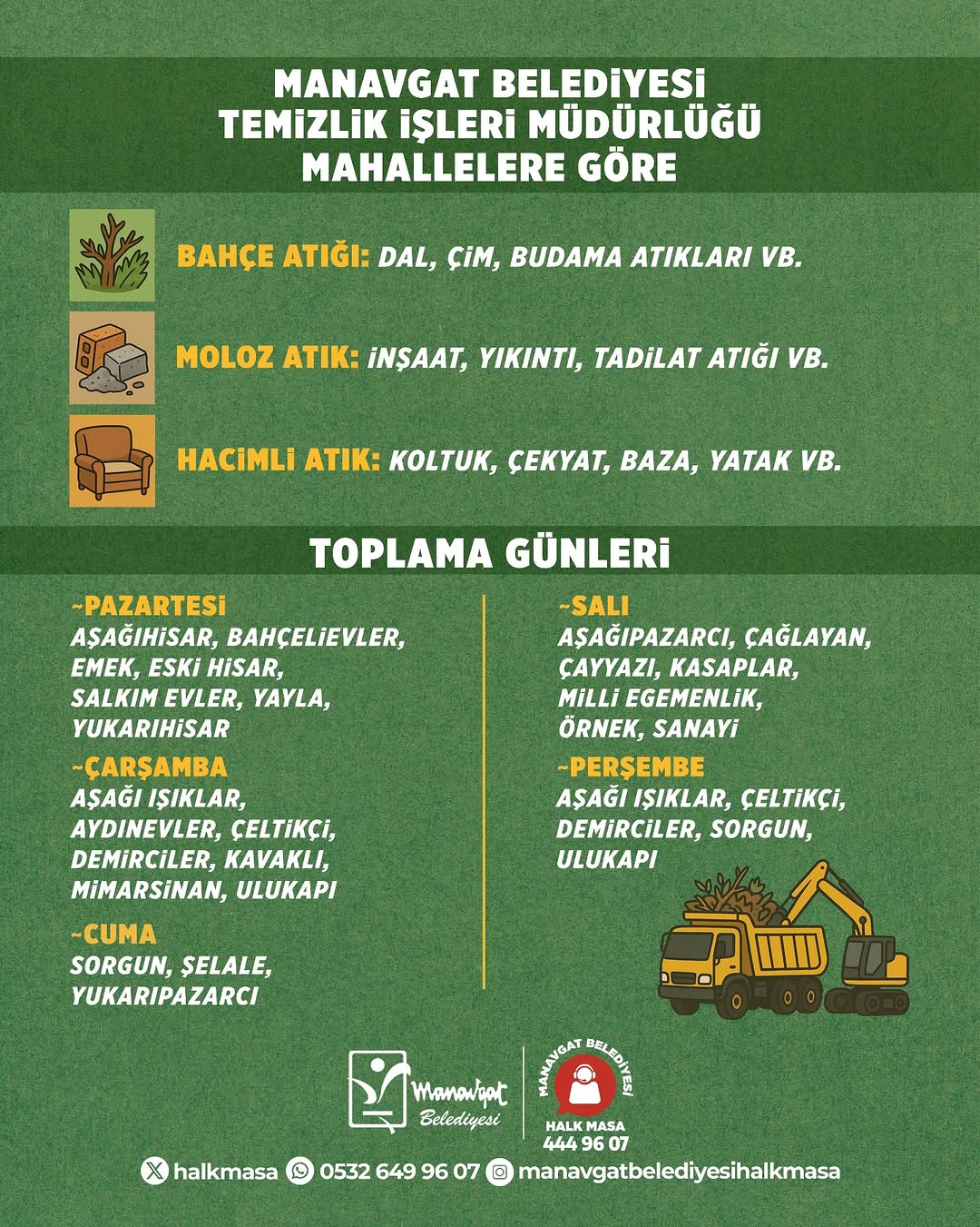 Manavgat'ta Bahçe ve Moloz Atıkları İçin Haftalık Toplama Programı