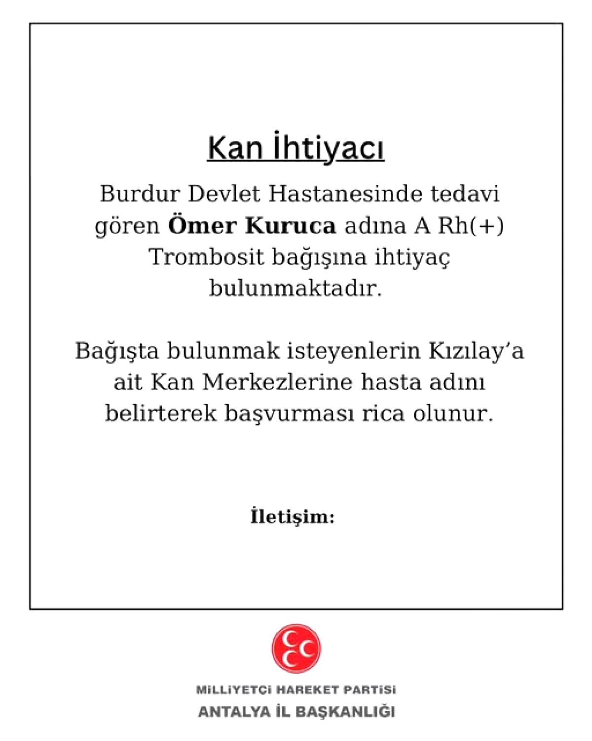 Burdur'da Acil Kan İhtiyacı: Ömer Kuruca İçin A Rh Trombosit Bağışı Çağrısı