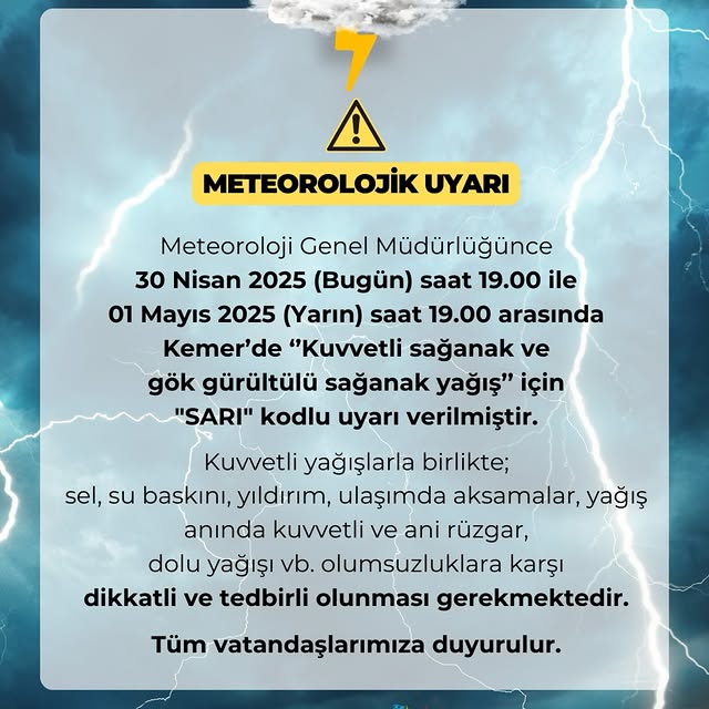 Antalya Kemer'de Sarı Kodlu Meteorolojik Uyarı: Sel ve Su Baskını Riski
