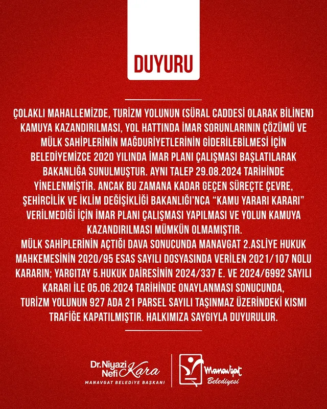 Manavgat Çolaklı'da Turizm Yolu Sorunu Mahkeme Kararıyla Çözüme Kavuştu