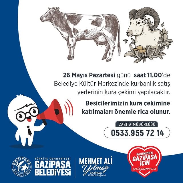 Gazipaşa'da Kurbanlık Satış Yerleri Kura Çekimi Yapılacak