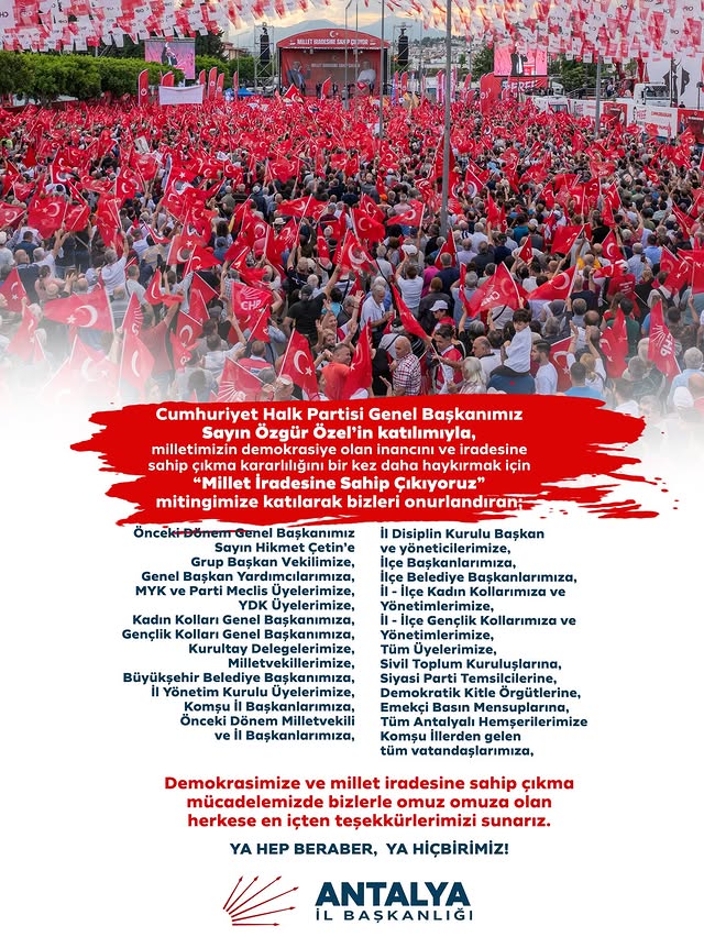 Antalya'da Demokrasi Mitingi Coşkuyla Gerçekleşti
