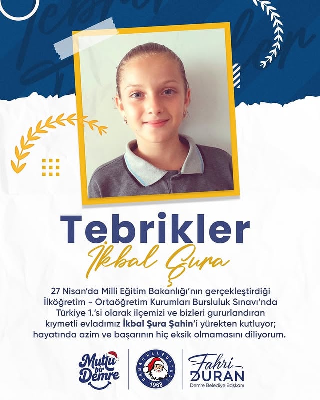 Demreli Öğrenci Milli Eğitim Bakanlığı Bursluluk Sınavı'nda Türkiye Birincisi Oldu