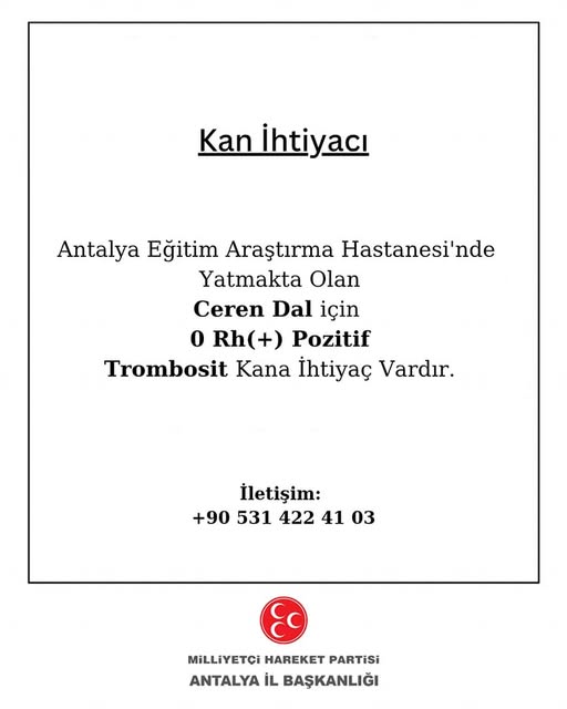 Antalya'da Ceren Dal İçin Acil Trombosit Bağışı Çağrısı
