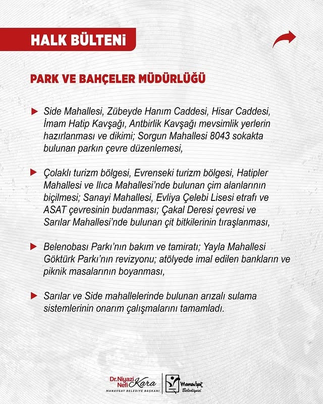Manavgat Belediyesi Park ve Bahçeler Müdürlüğü Çalışmalarıyla İlgili Bilgilendirme