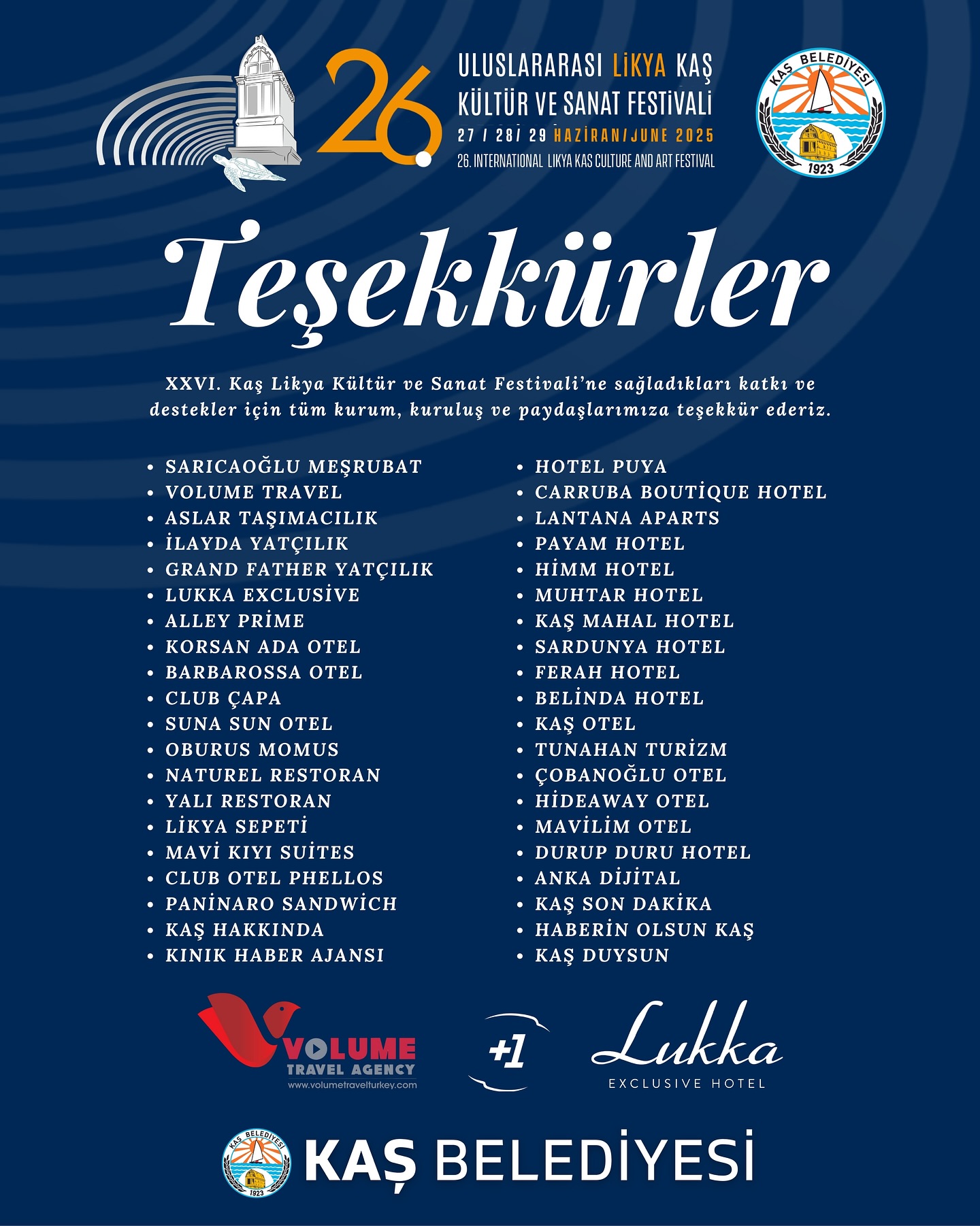 Kaş Likya Kültür ve Sanat Festivali'ne Destek Veren Kurumlara Teşekkür