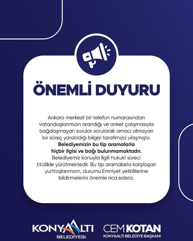 Antalya Konyaaltı Belediyesi'nden Şüpheli Anket Aramaları Hakkında Uyarı