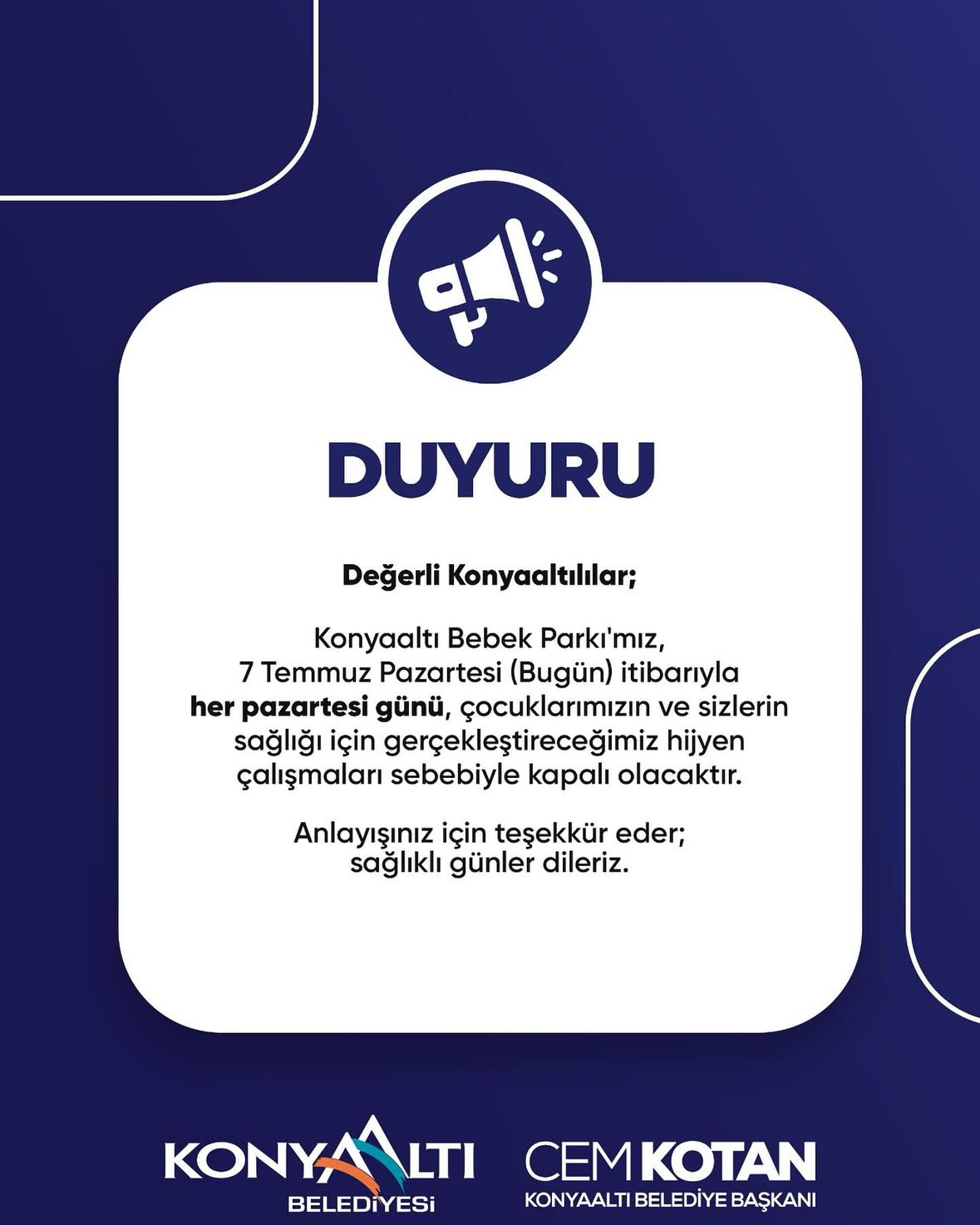 Konyaaltı Bebek Parkı Hijyen Çalışmaları Nedeniyle Pazartesi Günü Kapalı
