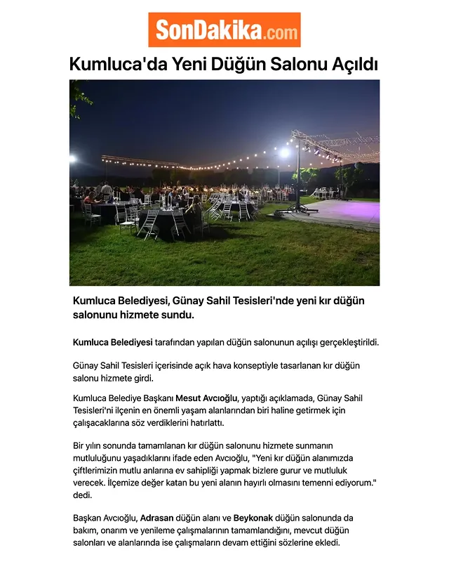 Antalya Kumluca Belediyesi'nden Yeni Kır Düğün Salonu