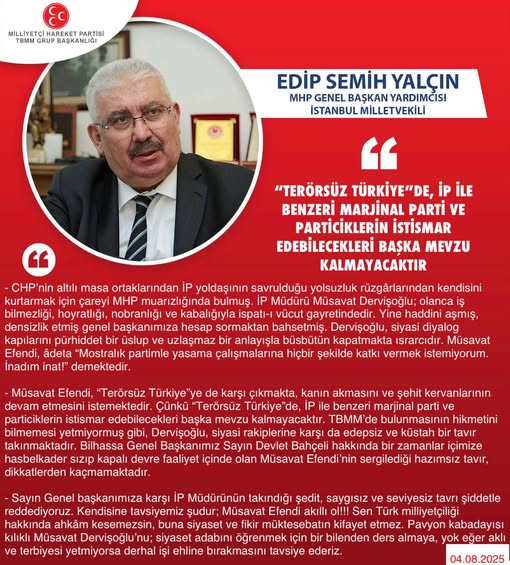 MHP'li Yalçın: Terörsüz Türkiye'de İP Benzeri Partiler İstismar Edemeyecek Mevzu Kalmayacak