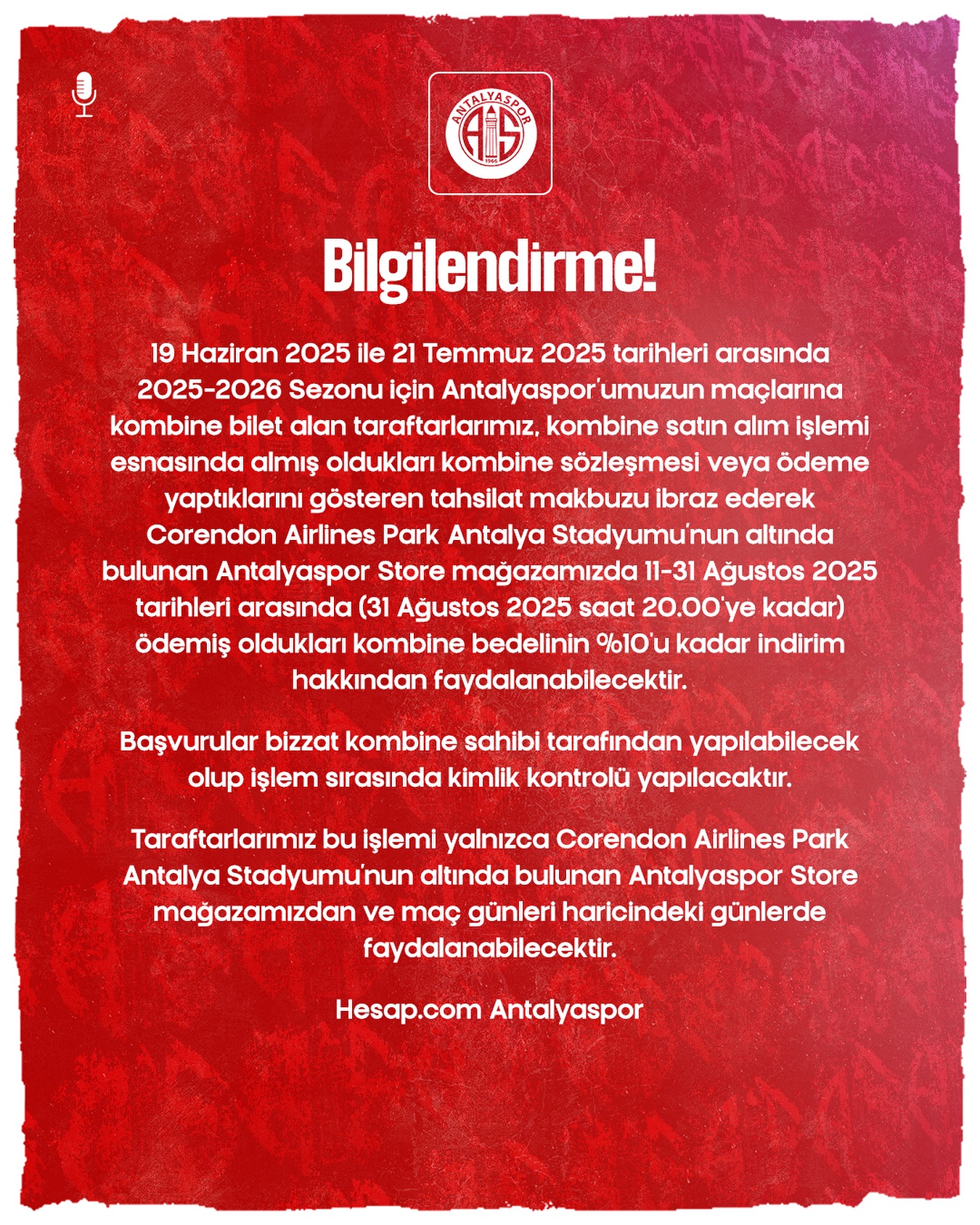 Antalyaspor Kombine Sahiplerine Özel İndirim Fırsatı