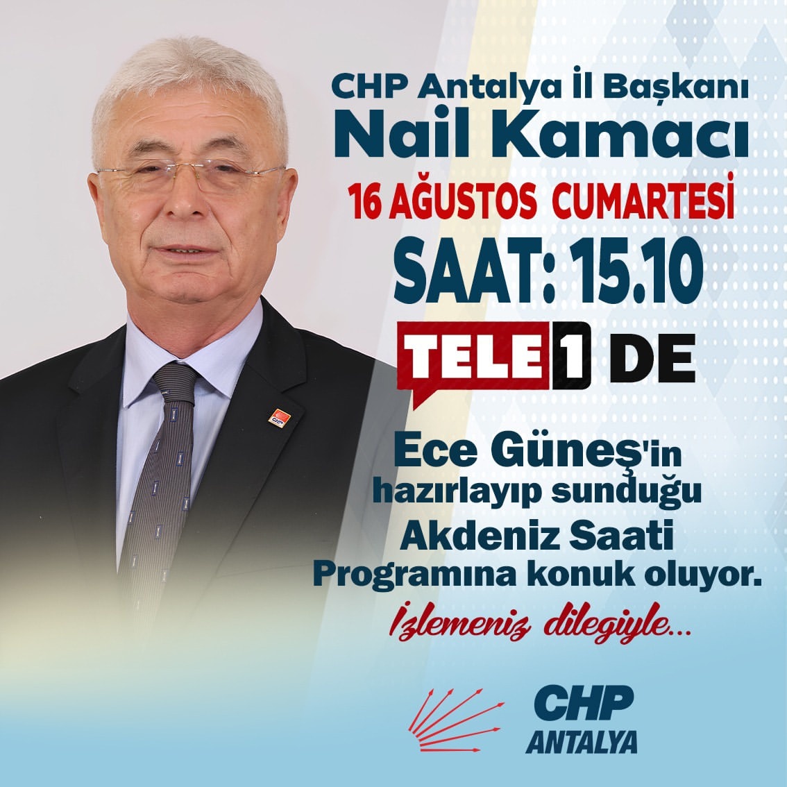 CHP Antalya İl Başkanı Nail Kamacı, TELE1'de Akdeniz Saati Programına Konuk Olacak
