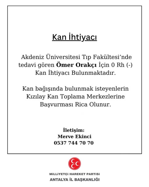 Antalya'da 0 Rh (-) Negatif Kan Grubuna Acil İhtiyaç Duyuluyor