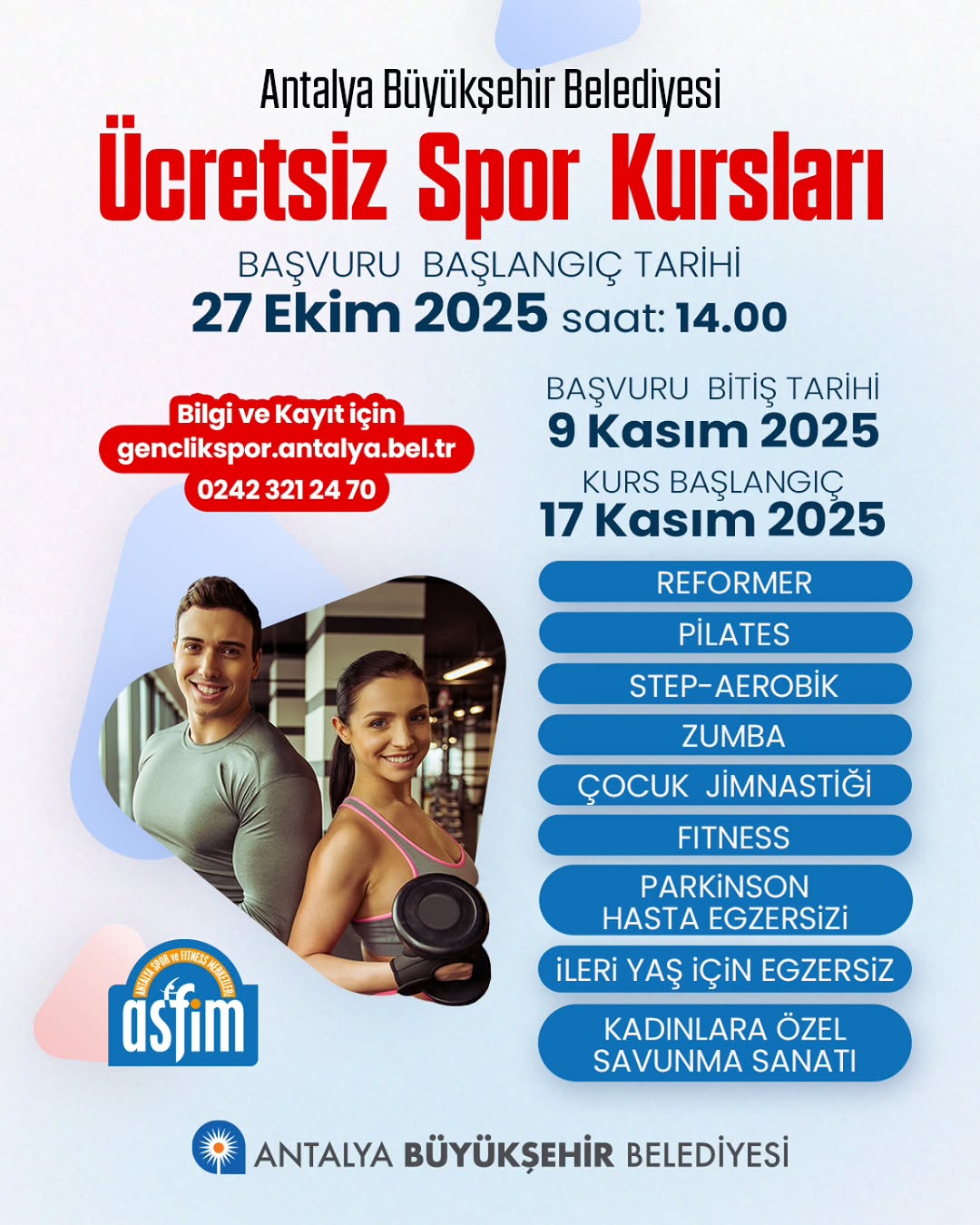 Antalya'da Ücretsiz Spor Kursları Kayıtları Başlıyor